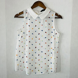 Pinky Girl Size Small Sleeveless Blouse - White with Multicolor Print Collared